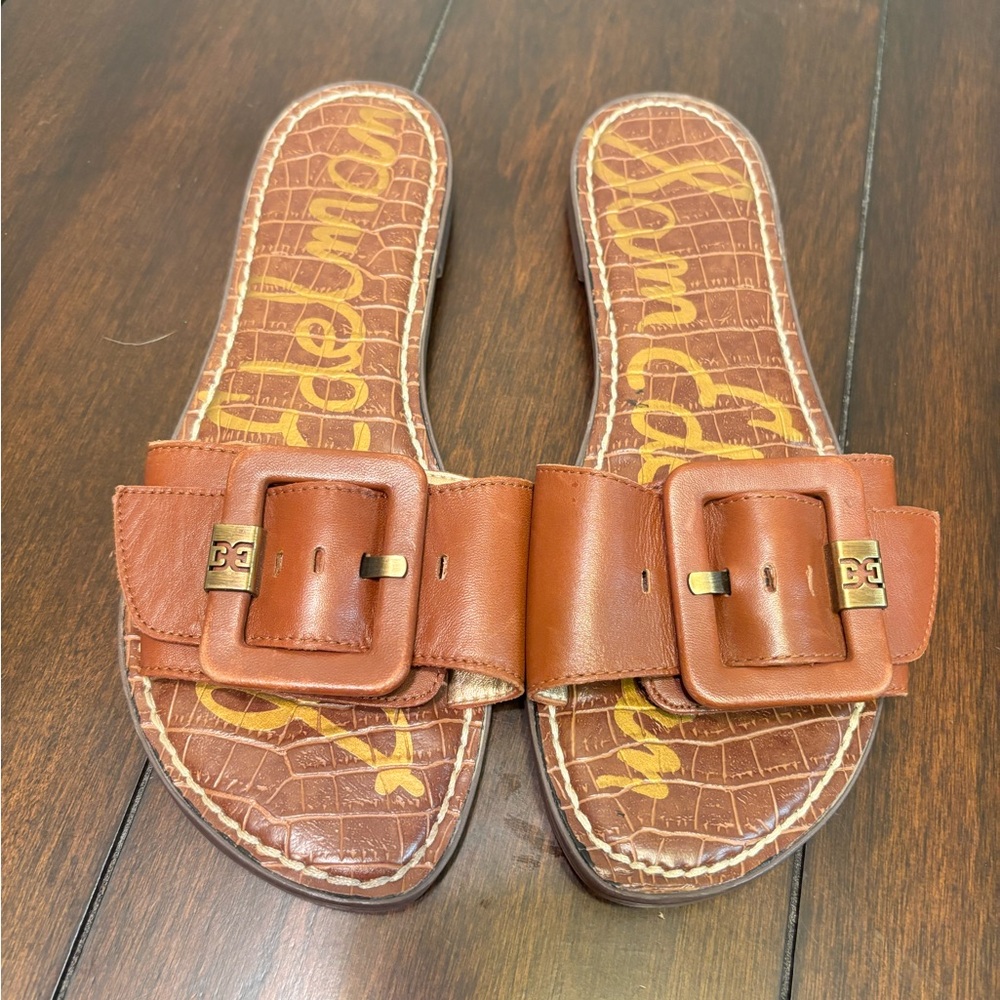 Sam Edelman Granada Brown Leather Slide Sandals with Gold Buckle